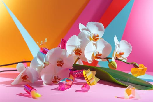 Elegant white orchids and candy pieces on pink background, beauty and art theme