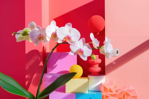 Colorful blocks and white orchid on pink wall beauty and elegance in artful decor display