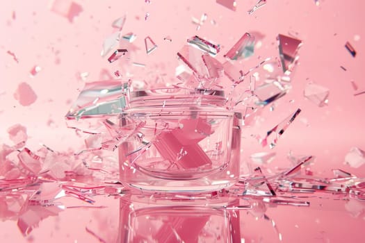 Pink nail polish jar on pink surface with broken glass pieces beauty and fashion still life concept