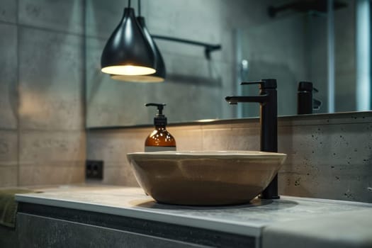 Modern bathroom interior with sink, countertop, mirror, and hanging light fixture in luxury home design and decor theme