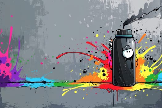 Colorful spray paint bottle with cartoon face releasing smoke art, creativity, fun, vibrant, expression, design, crafts, imagination