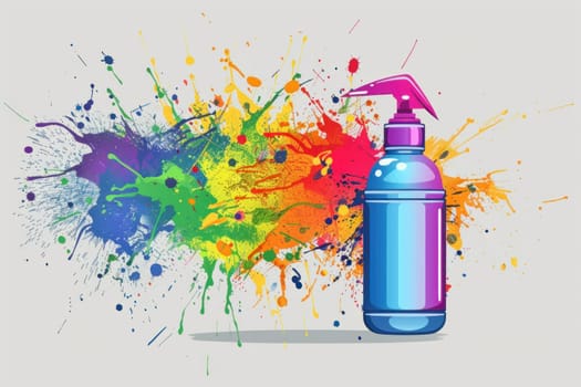 Colorful paint splatter creation with spray bottle on gray background for artistic, beauty exploration and creative inspirations concept artillustration