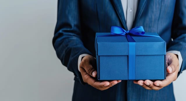 Elegant man holding blue gift box with bow in business environment for corporate gifting concept