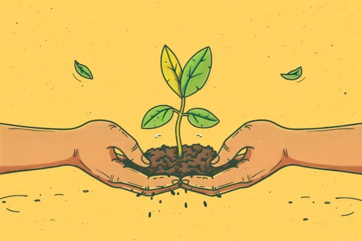 Sprouting plant in hands with yellow background symbolizing growth and nature connection