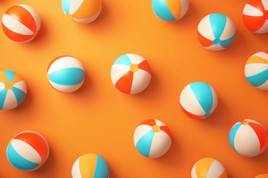 Colorful beach balls on an orange background 3d illustration for summer travel and fun concept