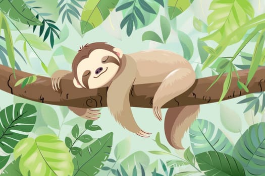 Cute sloth sleeping on a tree branch in the jungle wilderness illustration relaxing nature wildlife scene for travel and relaxation concept