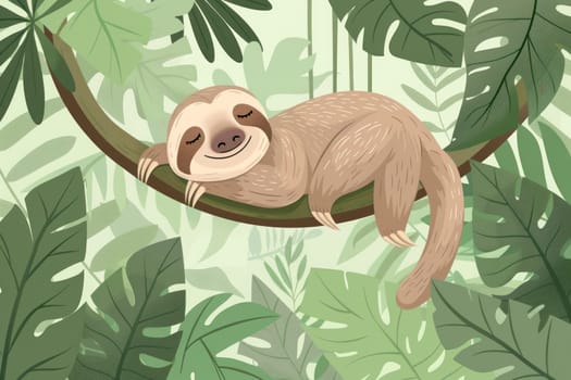 Cute sloth sleeping on a tree branch in the jungle illustration for travel and nature concepts