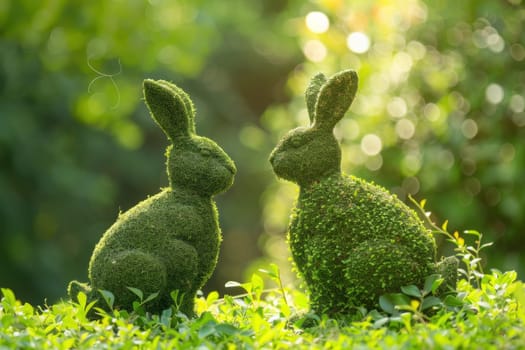 Grassy field with two rabbits sculpted from grass enjoying sunshine in nature wildlife theme