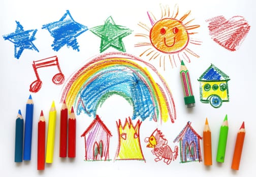 Children's drawing of colorful travel adventure on white paper with colored pencils and crayons