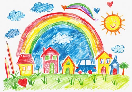 Child's drawing of a colorful house with rainbow, clouds, and sun in the sky enjoying happy travel and adventure