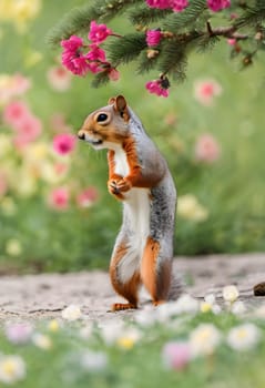 Squirrel Standing on Two Legs Smelling a Flower in Spring