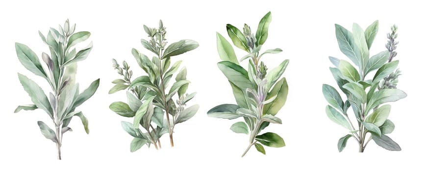 Watercolor set collection with green sage sprig and leaves isolated on a white background. Healthy food and seasoning concept. AI generated illustration.