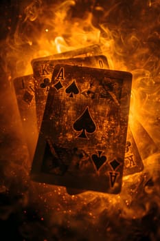 Three aces of spades playing cards emerge from a sea of flames and smoke, creating an atmosphere of amber, orange, and heat against a backdrop of a fiery sky