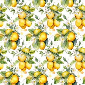 Seamless abstract watercolor pattern with yellow lemons on a white background. Pattern for fabric, wrapping paper. Generative AI