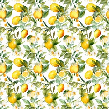 Seamless abstract watercolor pattern with yellow lemons on a white background. Pattern for fabric, wrapping paper. Generative AI