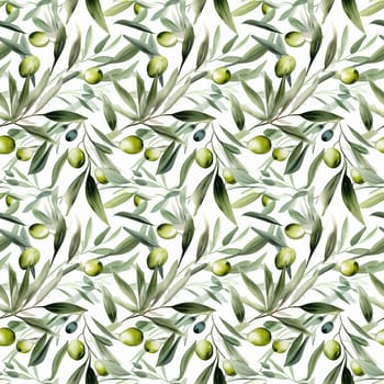 Seamless abstract watercolor pattern with olive sprig on a white background. Pattern for fabric, wrapping paper. Generative AI