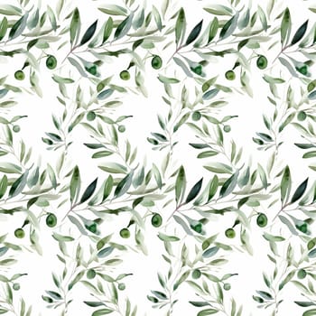 Seamless abstract watercolor pattern with olive sprig on a white background. Pattern for fabric, wrapping paper. Generative AI