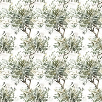Seamless abstract watercolor pattern with olive tree on a white background. Pattern for fabric, wrapping paper. Generative AI