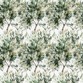 Seamless abstract watercolor pattern with olive tree on a white background. Pattern for fabric, wrapping paper. Generative AI