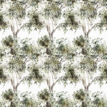 Seamless abstract watercolor pattern with olive tree on a white background. Pattern for fabric, wrapping paper. Generative AI