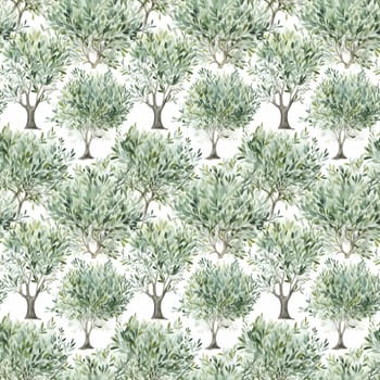 Seamless abstract watercolor pattern with olive tree on a white background. Pattern for fabric, wrapping paper. Generative AI