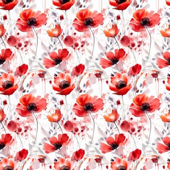 Seamless abstract watercolor pattern with poppy flowers on a white background. Pattern for fabric, wrapping paper. Generative AI