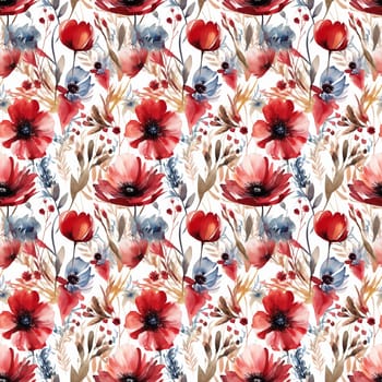 Seamless abstract watercolor pattern with poppy flowers on a white background. Pattern for fabric, wrapping paper. Generative AI