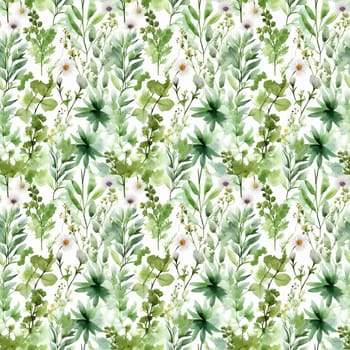 Seamless abstract watercolor pattern with green wildflowers on a white background. Pattern for fabric, wrapping paper. Generative AI