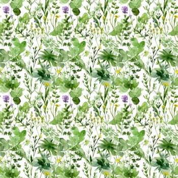 Seamless abstract watercolor pattern with green wildflowers on a white background. Pattern for fabric, wrapping paper. Generative AI