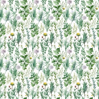 Seamless abstract watercolor pattern with green wildflowers on a white background. Pattern for fabric, wrapping paper. Generative AI