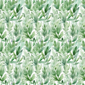 Seamless abstract watercolor pattern with green herbs on a white background. Pattern for fabric, wrapping paper. Generative AI