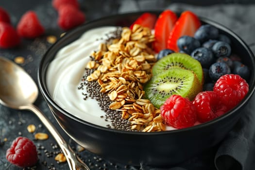 Black ceramic bowl with Greek yogurt, granola, chia seeds and fresh fruits and berries on a dark gray background. AI generated.