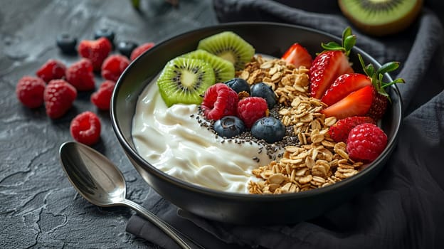 Black ceramic bowl with Greek yogurt, granola, chia seeds and fresh fruits and berries on a dark gray background. AI generated.