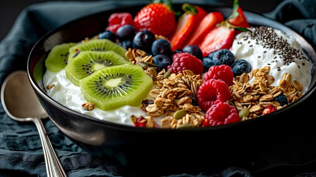 Black ceramic bowl with Greek yogurt, granola, chia seeds and fresh fruits and berries on a dark gray background. AI generated.