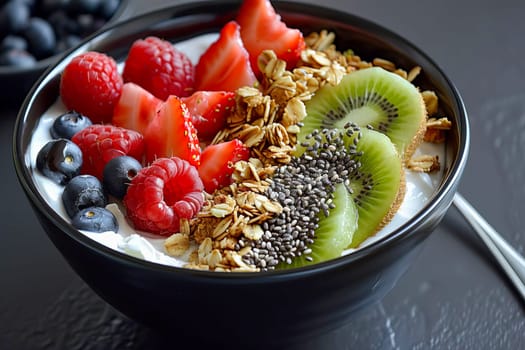 Black ceramic bowl with Greek yogurt, granola, chia seeds and fresh fruits and berries on a dark gray background. AI generated.