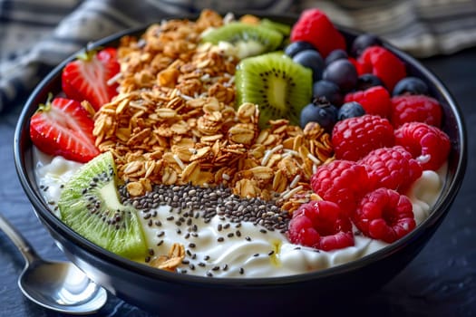 Black ceramic bowl with Greek yogurt, granola, chia seeds and fresh fruits and berries on a dark gray background. AI generated.