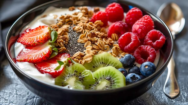 Black ceramic bowl with Greek yogurt, granola, chia seeds and fresh fruits and berries on a dark gray background. AI generated.