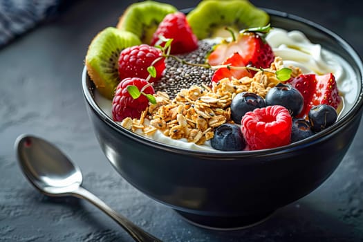 Black ceramic bowl with Greek yogurt, granola, chia seeds and fresh fruits and berries on a dark gray background. AI generated.