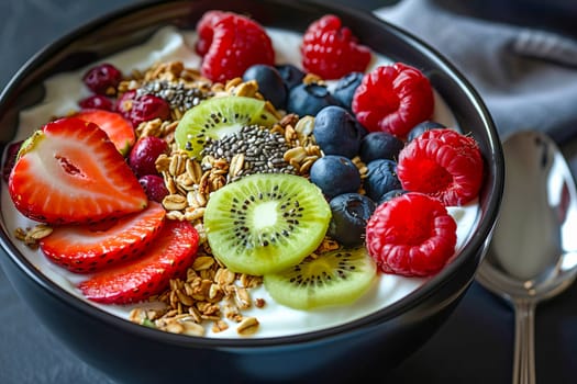 Black ceramic bowl with Greek yogurt, granola, chia seeds and fresh fruits and berries on a dark gray background. AI generated.