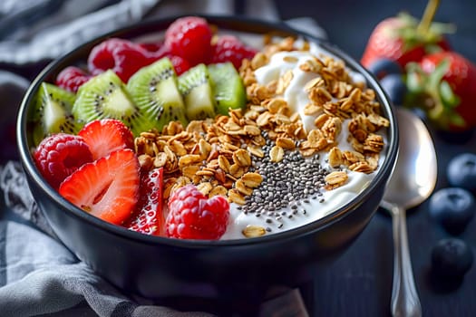 Black ceramic bowl with Greek yogurt, granola, chia seeds and fresh fruits and berries on a dark gray background. AI generated.