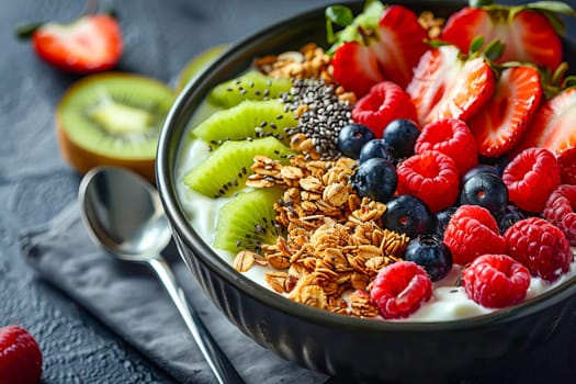 Black ceramic bowl with Greek yogurt, granola, chia seeds and fresh fruits and berries on a dark gray background. AI generated.