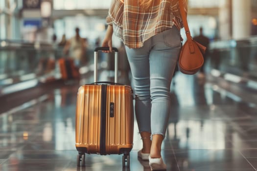 A woman in jeans and a plaid shirt walks through an airport terminal, pulling a golden suitcase behind her.