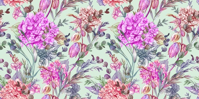 Seamless watercolor pattern drawn in pencil with hydrangeas and summer plants