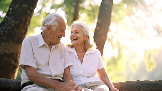 An elderly couple is sitting close together on a tree trunk, smiling and engaging in a pleasant conversation, with the warm glow of the setting sun lighting their faces - Generative AI