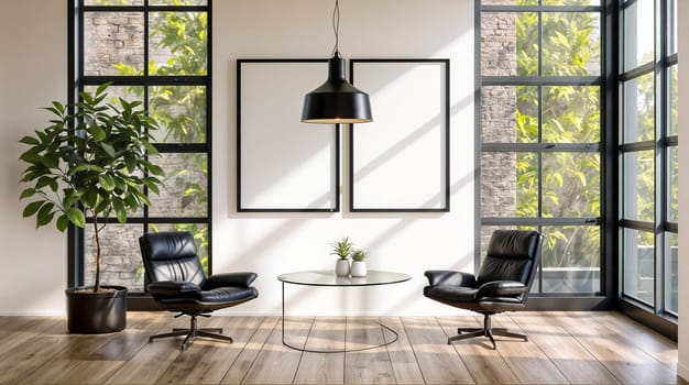 A well-lit modern living room featuring a pair of black leather lounge chairs, a round glass coffee table, pendant lighting, large windows, and a green potted plant - Generative AI