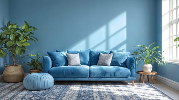 A vibrant blue sofa adorned with decorative pillows basks in the bright morning sunlight filtering through a window with potted green plants, stylish ottoman, and patterned rug - Generative AI