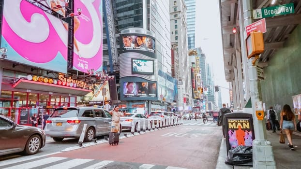 A vibrant cityscape of bustling New York streets filled with diverse vehicles, charming buildings, green trees, and a lively atmosphere, encapsulating the energetic essence of urban life.