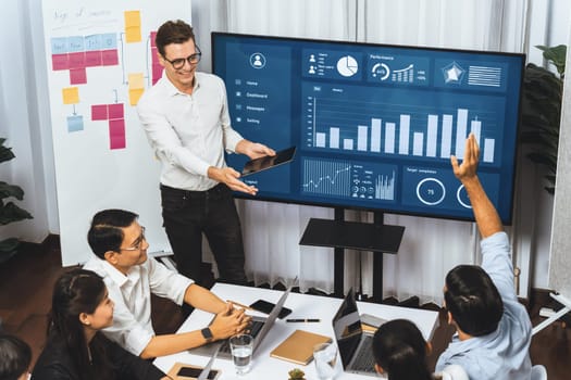Presentation in office or meeting room with analyst team utilizing BI Fintech to analyze financial data. Businesspeople analyzing BI dashboard power display on TV screen for strategic planning.Prudent