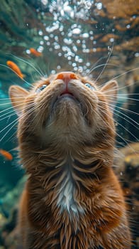 A closeup image of a fawncolored Felidae, a carnivorous terrestrial animal with whiskers and fur, gazing up at fish in a tank