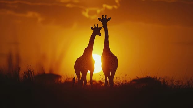 Majestic giraffes silhouetted at golden sunset in African wilderness.